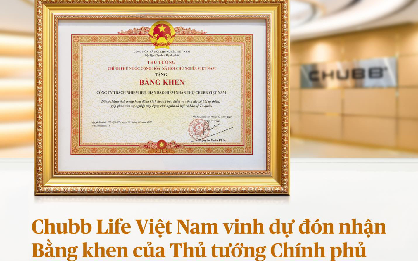 Chubb Life Việt Nam vinh dự đón nhận bằng khen của Thủ tướng Chính phủ