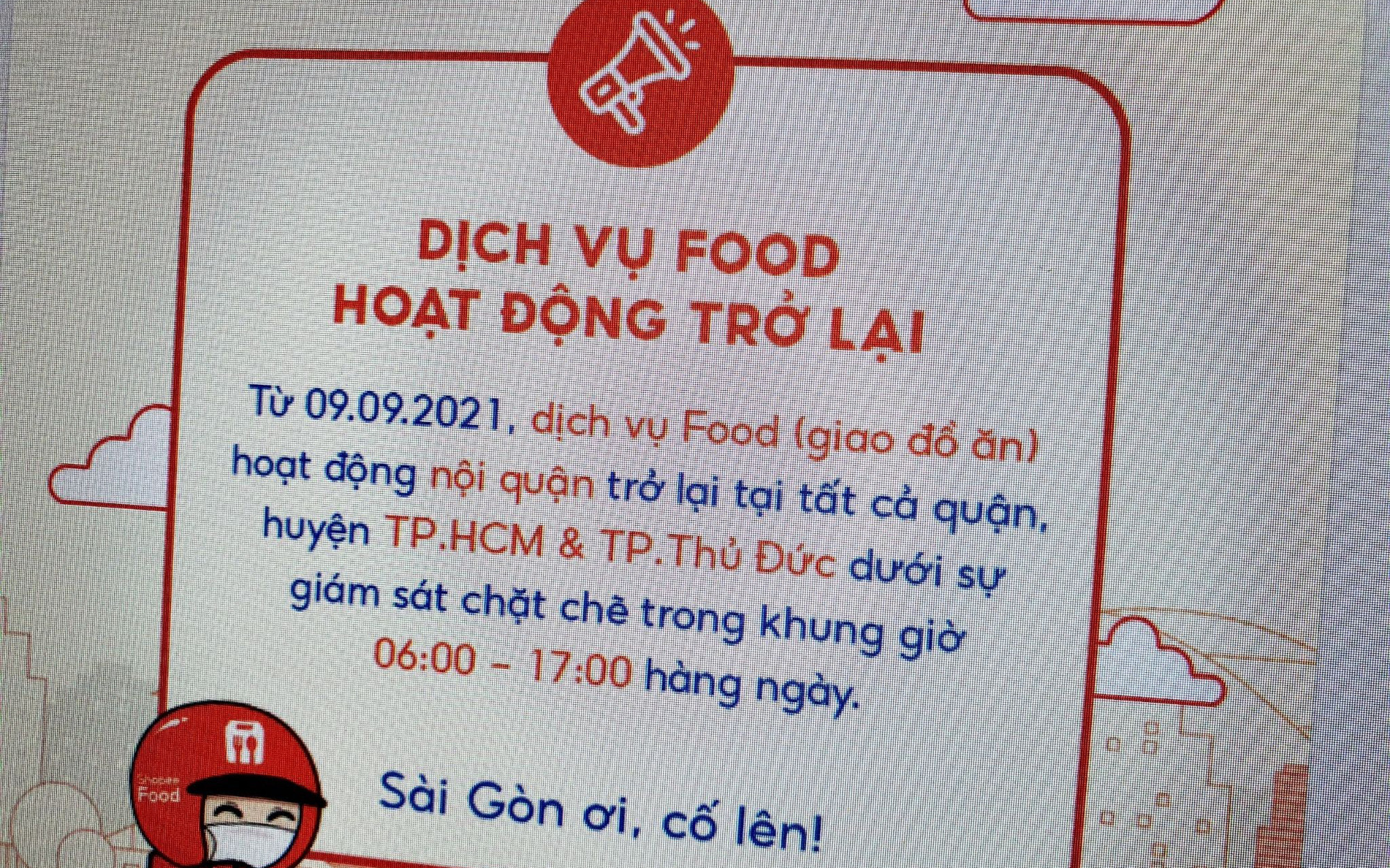 Grab, ShopeeFood mở lại dịch vụ giao đồ ăn tại TP.HCM