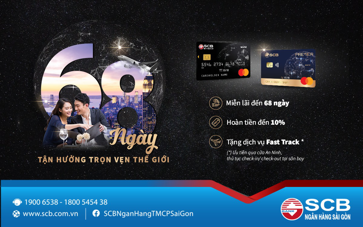 Thẻ tín dụng SCB Mastercard World - Thời gian miễn lãi đến 68 ngày