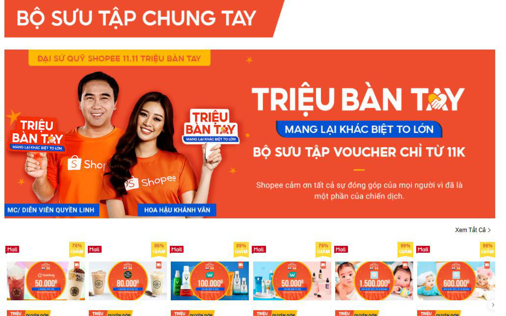 Nhiều thương hiệu đồng hành cùng quỹ Shopee 11.11 Triệu Bàn tay