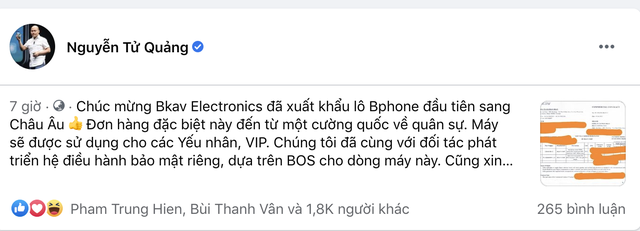 Ông Nguyễn Tử Quảng: BKAV đã xuất khẩu Bphone sang châu Âu, chỉ bán cho các VIP sử dụng - Ảnh 1.