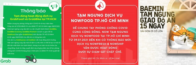 Grab, Gojek, Now, Baemin đồng loạt thông báo tạm ngừng giao đồ ăn tại TP.HCM - Ảnh 1.