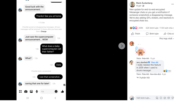 Mark Zuckerberg tuyên bố Messenger đã có tính năng thông báo khi chụp ảnh màn hình cuộc trò chuyện - Ảnh 1.
