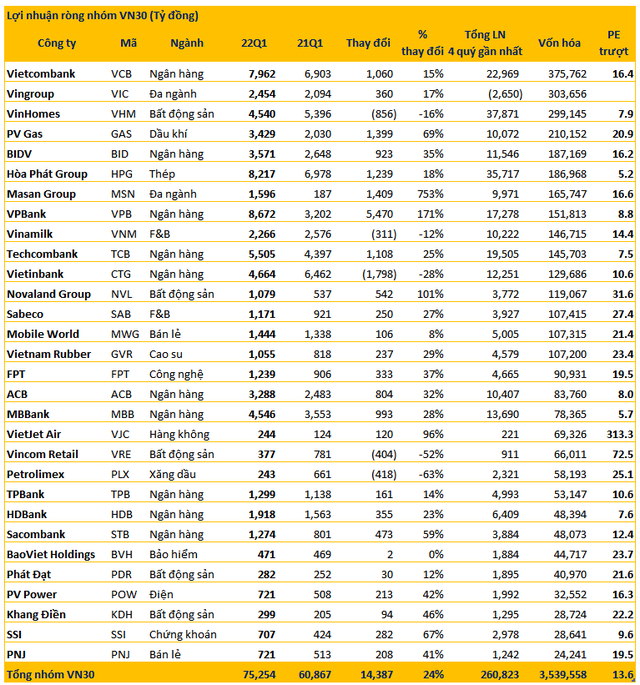 Lợi nhuận quý 1 của rổ VN30 tăng trưởng vượt trội 24% lập kỷ lục mới, nhóm ngân hàng góp công quá nửa - Ảnh 2.