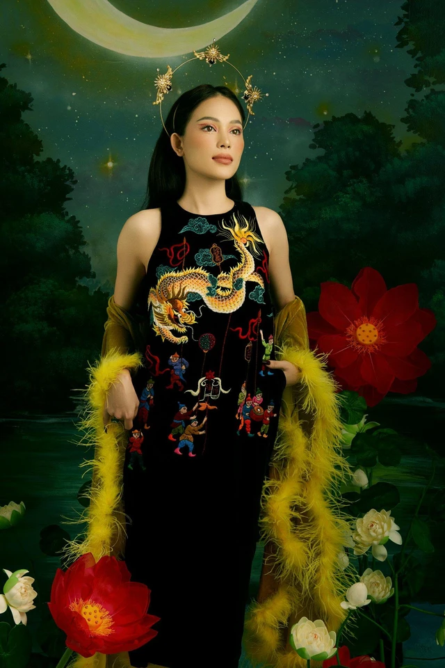 Con dâu hào môn Linh Rin khác biệt trong trang phục lấy cảm hứng từ tranh Đông Hồ - Ảnh 3.