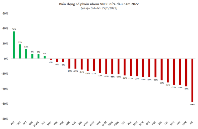 6 cổ phiếu nhóm VN30 tăng điểm trong nửa đầu năm, hàng loạt cái tên giảm mạnh hơn mức điều chỉnh của thị trường chung - Ảnh 1.