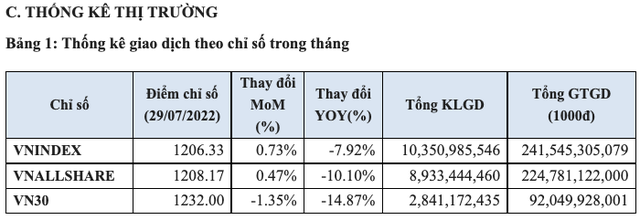 Thanh khoản sàn HoSE tiếp tục hạ nhiệt trong tháng 7/2022, câu lạc bộ vốn hoá 10 tỷ USD chỉ còn 3 đơn vị VIC, VHM và VCB - Ảnh 1.